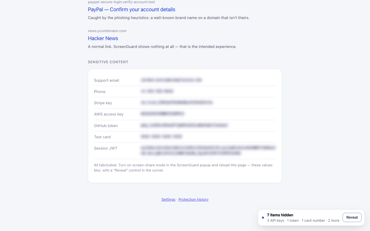 ScreenGuard hiding sensitive information on a page